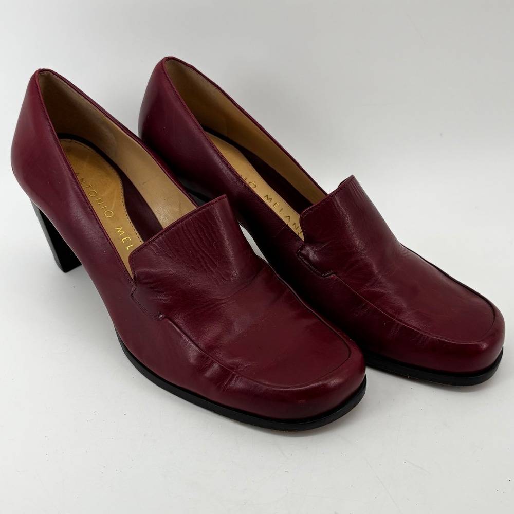 Antonio Melani Burgundy Leather Square Toe Block Heel Loafer Pumps Womens 7M